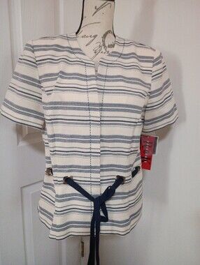 Navy Stripe Tie-Front Short Sleeve Top R&K Originals Vintage Women’s Jacket Sz10